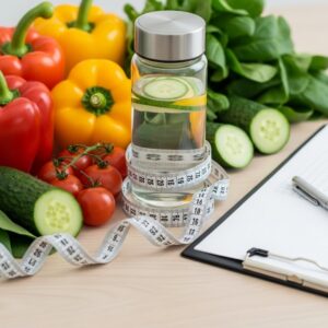 Healthy lifestyle concept with vegetables and measuring tape